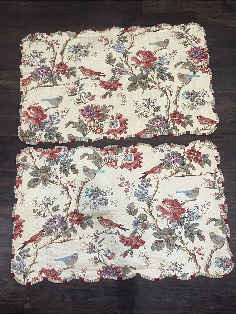 2 Waverly Charleston Chirp King Beige Bird Floral Cotton Quilted Pillow Shams